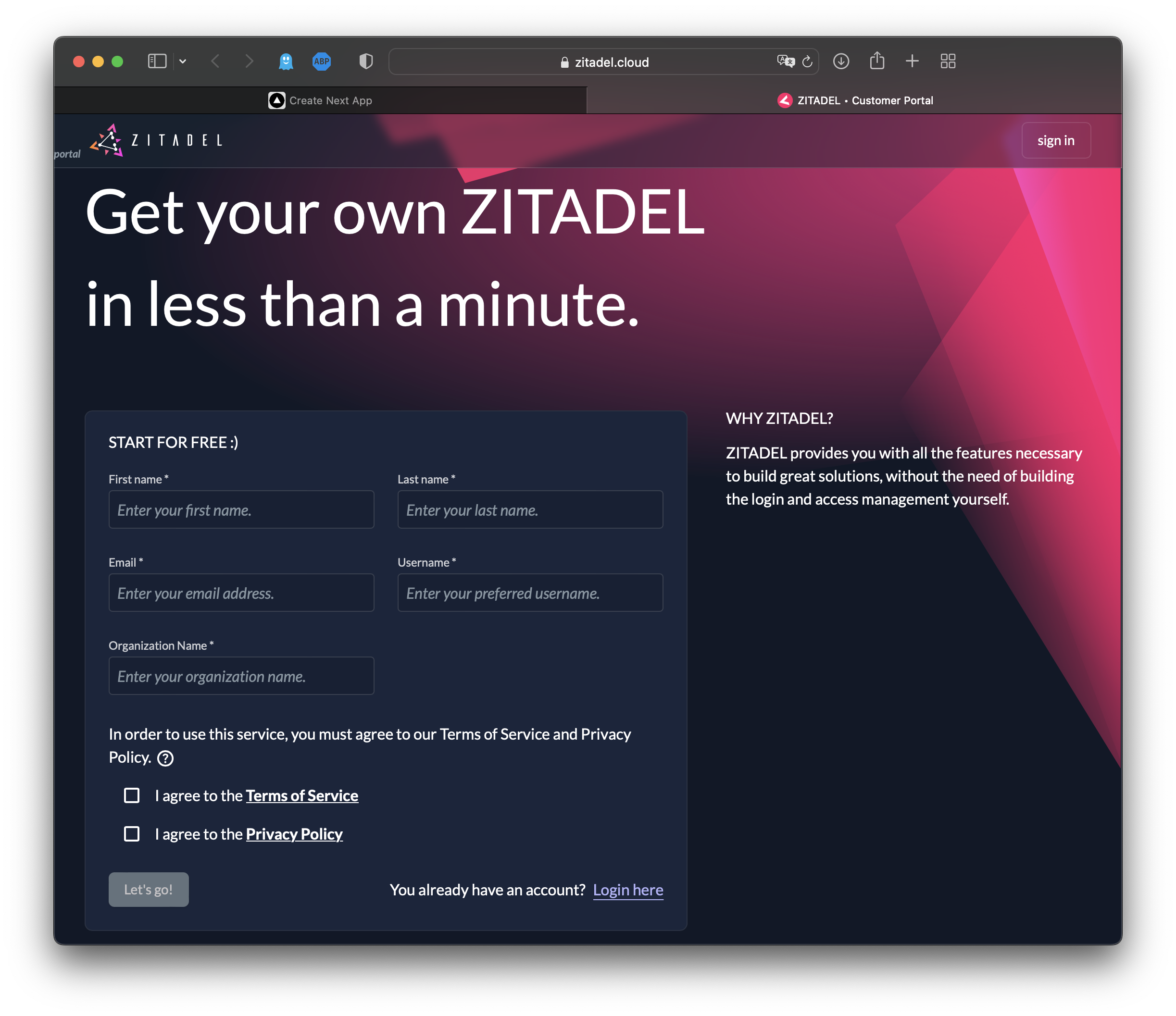 Sign-up form on the ZITADEL Customer Portal