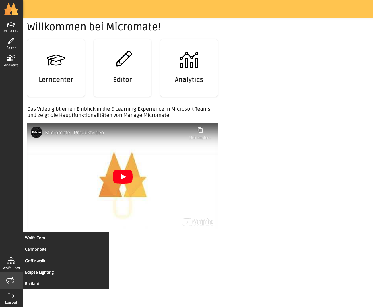 Micromate admin website showing organization picker