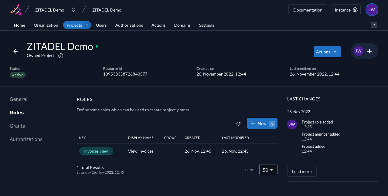 Screenshot showing roles defined in a ZITADEL project