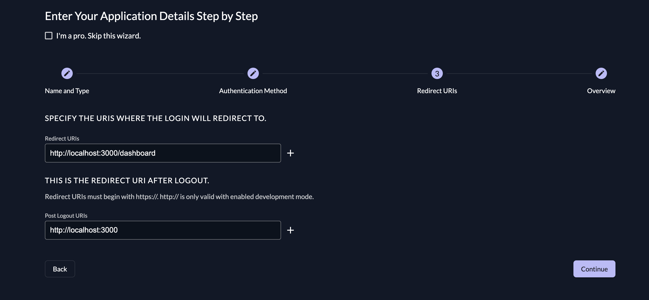 Create a ZITADEL application: Redirect URIs