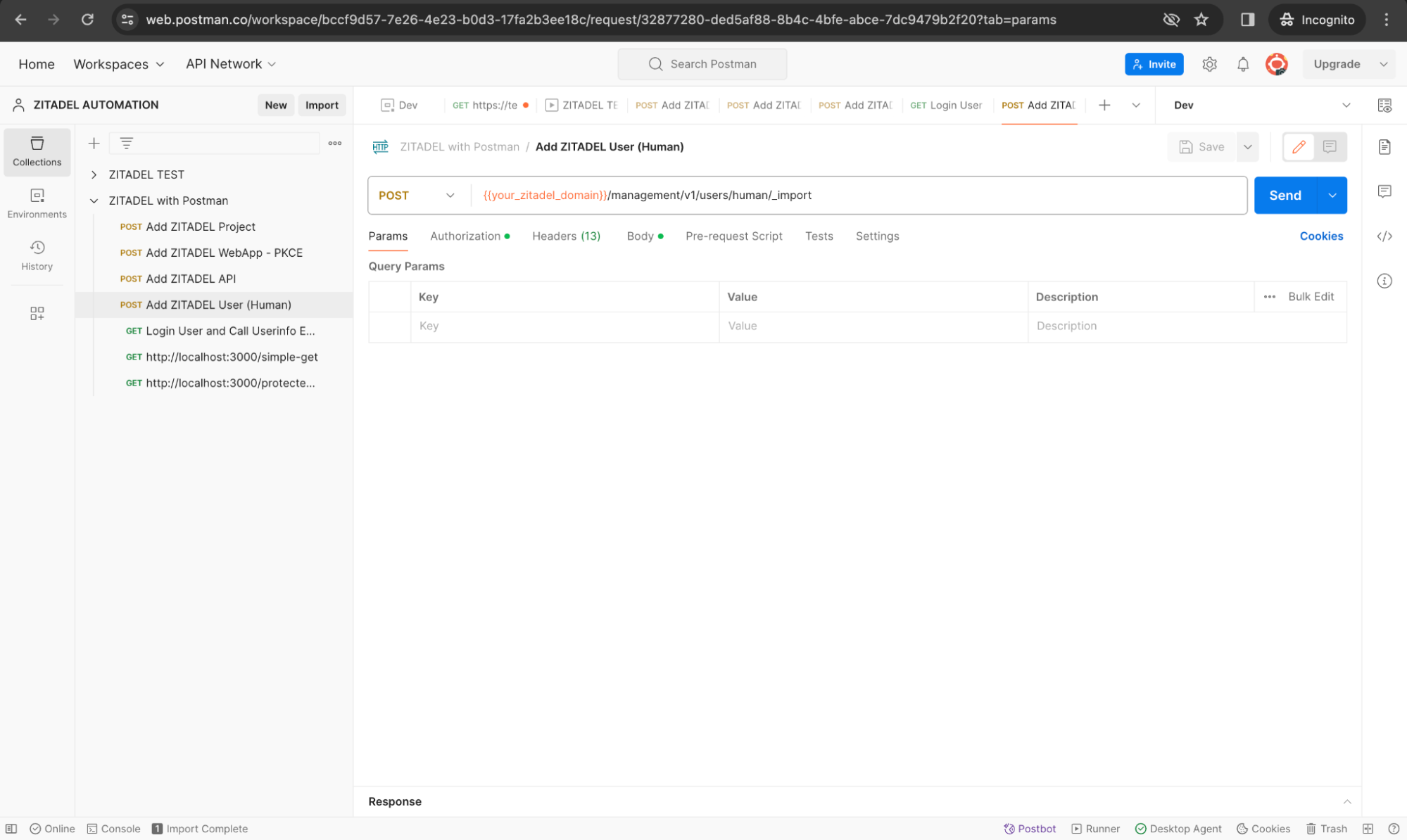 Testing management APIs in ZITADEL with Postman