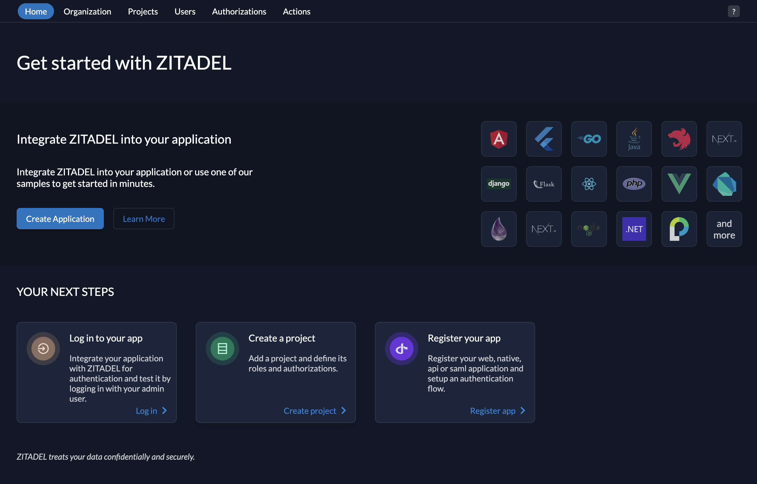 ZITADEL Console showing app creation screen with various programming languages and frameworks