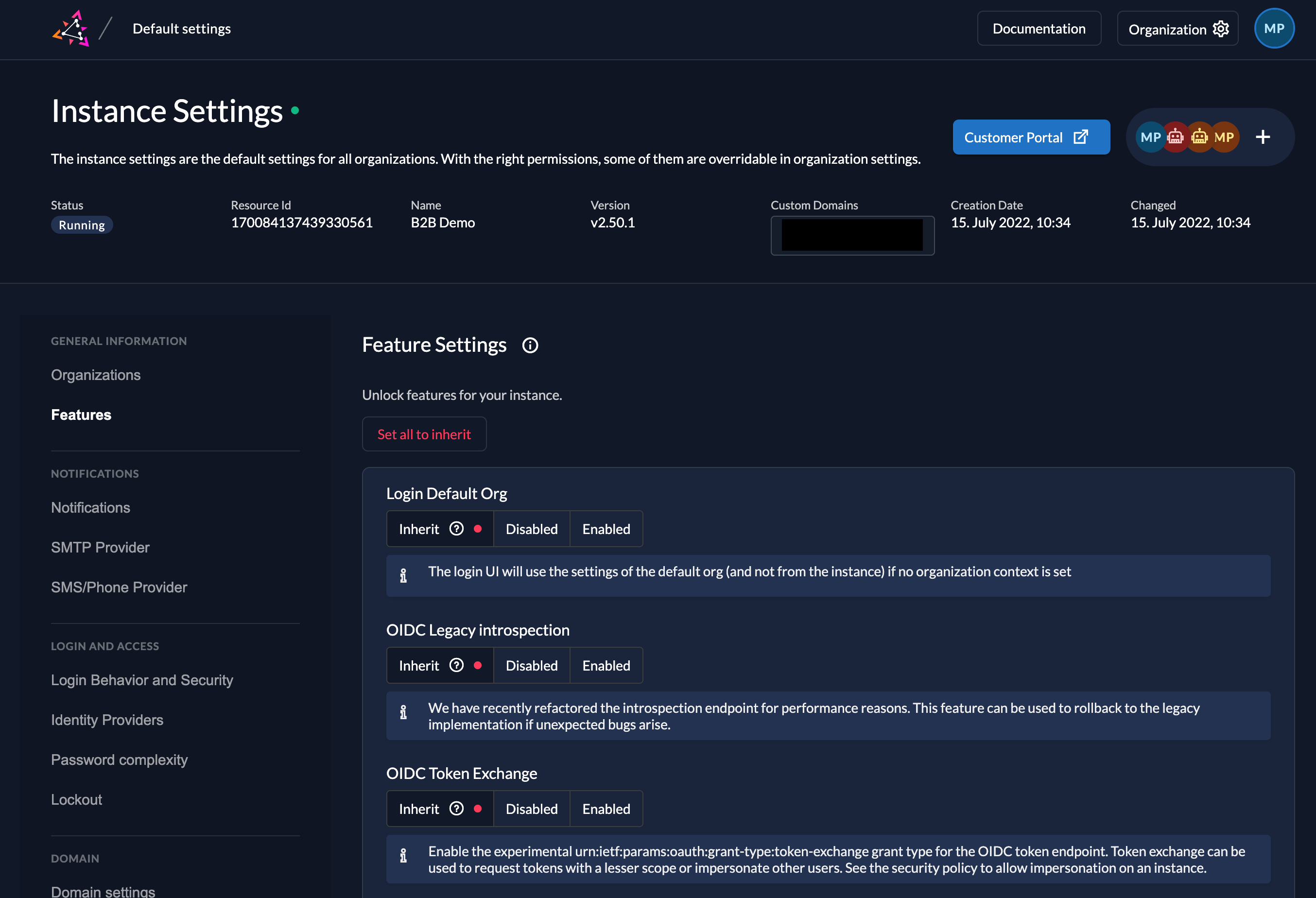 Feature settings in ZITADEL Console